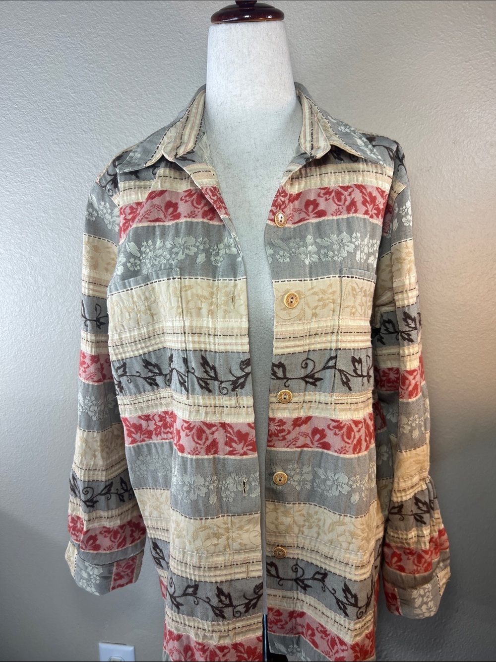Alfred Dunner Striped Button-Down Shirt Jacket in Gray, Red, Cream